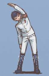 Rule 34 | 1boy, arm up, armband, black footwear, black hair, blue background, boots, buttons, closed mouth, commentary request, danganronpa: trigger happy havoc, danganronpa (series), frown, full body, gakuran, ishimaru kiyotaka, jacket, knee boots, leaning to the side, looking at viewer, male focus, military, military uniform, namu (nurui cha), pants, red armband, school uniform, simple background, solo, stretching, uniform, white jacket, white pants
