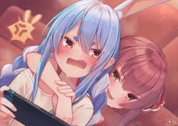Rule 34 | 2girls, anger vein, animal ear fluff, animal ears, annoyed, blue hair, blush, commentary request, dutch angle, hair between eyes, hair ribbon, handheld game console, hands up, heterochromia, highres, holding, holding another&#039;s arm, holding handheld game console, hololive, houshou marine, long hair, looking at another, magowasabi, multicolored hair, multiple girls, nintendo switch, open mouth, rabbit-shaped pupils, rabbit ears, red eyes, red hair, red ribbon, ribbon, shirt, short eyebrows, short sleeves, signature, smile, spoken anger vein, sweat, symbol-shaped pupils, thick eyebrows, twintails, twitter username, two-tone hair, upper body, usada pekora, virtual youtuber, white hair, white shirt, yellow eyes, yuri