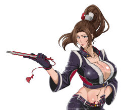 1girl absurdres artist_name black_gloves black_pants breasts brown_eyes brown_hair cleavage closed_mouth collarbone commentary crop_top cropped_jacket fatal_fury fatal_fury:_city_of_the_wolves female_focus folding_fan gloves hand_fan hand_on_own_hip highres holding holding_fan kubo_tite_(style) large_breasts lips long_hair long_sleeves matching_hair/eyes navel no_bra pants ponytail rakusakugk shiranui_mai simple_background smile solo standing twitter_username unzipped white_background