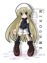 Rule 34 | 1boy, androgynous, asymmetrical clothes, blonde hair, blue eyes, blush, boots, bridal gauntlets, character name, cross-laced footwear, expressionless, eyebrows, hat, hellsinker, heterochromia, long hair, male focus, minogame (hellsinker), red eyes, sanari (quarter iceshop), shorts, solo, tank top, thighhighs, very long hair