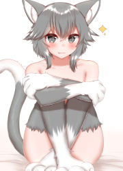 Rule 34 | 1other, :3, ambiguous gender, animal ear fluff, animal ears, animal hands, blush, body fur, cat, cat ears, cat girl, cat tail, claws, collarbone, fang, full body, grey fur, grey hair, heart, highres, horokusa (korai), on bed, open mouth, original, simple background, sitting, slit pupils, solo, tail, whiskers, white background, white fur