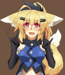 Rule 34 | 1girl, :d, \m/, ahoge, animal ears, bad id, bad pixiv id, black gloves, blonde hair, chroma000, chroma (chroma000), double \m/, elbow gloves, fox ears, fox tail, gloves, hair ornament, looking at viewer, navel, open mouth, original, ponytail, red eyes, smile, solo, tail