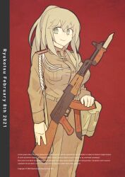 Rule 34 | 1girl, akm, ammunition pouch, aqua eyes, arm at side, artist name, assault rifle, bayonet, belt, breasts, brown belt, brown pants, brown shirt, buttoned cuffs, buttons, collar tabs, collared shirt, commentary request, copyright notice, dated, english text, feet out of frame, grey hair, gun, gun sling, hair between eyes, hair over shoulder, kalashnikov rifle, large breasts, latin text, leaning to the side, long hair, lorem ipsum, military, military uniform, original, pants, partial commentary, pouch, red background, rifle, ryuukotsu, sheath, shirt, shoulder boards, sideways glance, simple background, smile, soldier, solo, soviet, soviet army, standing, uniform, weapon