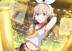 Rule 34 | absurdres, arm up, armpits, belt, blue eyes, breasts, choker, clenched hand, collarbone, commentary request, cosplay, crop top, detached sleeves, grey hair, grin, hair ornament, hair ribbon, hairclip, hand on own head, headphones, highres, idolmaster, idolmaster shiny colors, kagamine rin, kagamine rin (cosplay), light stick, looking at viewer, medium breasts, midriff, navel, neckerchief, ribbon, sailor collar, sanami (sanami t 38), serizawa asahi, short hair, shorts, smile, solo, stage, sweat, vocaloid