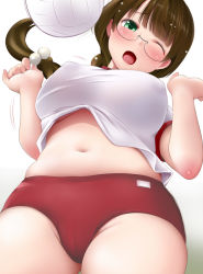 Rule 34 | 1girl, ball, blush, bouncing breasts, breasts, brown hair, buruma, cowboy shot, female focus, glasses, green eyes, gym uniform, hair bobbles, hair ornament, kozue akari, large breasts, looking at viewer, midriff, navel, no bra, one eye closed, open mouth, original, playing sports, red buruma, solo, upshirt, volleyball, volleyball (object), wrists extended