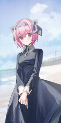 Rule 34 | 1girl, absurdres, black bow, black dress, black hairband, blue sky, blush, bow, chihuri, closed mouth, cloud, collared dress, commentary request, day, dress, elfen lied, hair between eyes, hair bow, hairband, highres, long sleeves, nana (elfen lied), outdoors, pink hair, power lines, purple eyes, sand, sky, smile, solo, utility pole, water