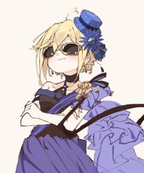Rule 34 | 1girl, ahoge, blonde hair, blue hat, blue nails, blush, choker, commentary request, cowboy shot, crossed arms, dress, earrings, girls&#039; frontline, hair between eyes, hair ornament, hat, highres, jewelry, matsuo (matuonoie), mini hat, nagant revolver (cream in the nebula) (girls&#039; frontline), nagant revolver (girls&#039; frontline), nail polish, purple dress, short hair, simple background, smug, solo, striped clothes, striped headwear, sunglasses