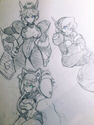 Rule 34 | 3girls, alia (mega man), armor, arms behind head, blue eyes, bodysuit, breasts, cleavage, covered navel, curvy, gloves, green eyes, hair bun, hand on own face, highres, ico (megaman x dive), large breasts, legs, looking at viewer, low ponytail, marino (mega man), mega man (series), mega man x (series), monochrome, multiple girls, open mouth, sitting, sketch, smile, thighs, toned, traditional media, wide hips