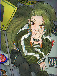 Rule 34 | 1girl, absurdres, adapted costume, alternate costume, arm rest, asymmetrical hair, boots, bracelet, braid, brown eyes, casual, caution tape, chain, closed mouth, contemporary, crocodilian tail, cross-laced footwear, crossed legs, ear chain, earrings, elbow rest, fingernails, french braid, green hair, green nails, hair slicked back, hanada (cobalt003), hand on own cheek, hand on own face, hand up, head rest, high ponytail, highres, jacket, jewelry, kemono friends, lace-up boots, leaning forward, long hair, long sleeves, looking at viewer, nail polish, pants, ring, saltwater crocodile (kemono friends), shirt, sign, signature, sitting, slit pupils, smile, solo, spiked bracelet, spikes, tail