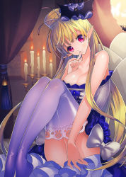Rule 34 | 1girl, bare shoulders, bat hair ornament, blonde hair, bow, breasts, candelabra, candle, candlestand, cleavage, etomai, finger to mouth, gyakushuu no fantasica, hair ornament, knees up, legs together, long hair, official art, pink eyes, pointy ears, purple thighhighs, smile, solo, thighhighs, very long hair, white bow