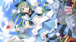 Rule 34 | 1girl, alice in wonderland, aqua eyes, blue dress, breasts, card, clenched hand, cloud, cloudy sky, commentary request, dress, dutch angle, frilled dress, frills, green hair, hair ornament, hair ribbon, hairclip, kantai collection, leg up, long hair, medium breasts, mushroom, open mouth, outdoors, parted bangs, playing card, ribbon, short sleeves, sky, solo, striped clothes, striped thighhighs, swept bangs, thighhighs, yamakaze (kancolle), yasume yukito