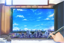 Rule 34 | bad id, bad pixiv id, city, cityscape, computer, dell, drawing tablet, monitor, original, pen, product placement, ryouma (galley), scenery, sky