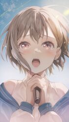 Rule 34 | 1girl, bang dream!, bang dream! it&#039;s mygo!!!!!, blue jacket, blue sky, brown eyes, brown hair, cloud, commentary request, crying, crying with eyes open, day, earrings, floating hair, flying teardrops, hands up, highres, holding, holding microphone, jacket, jewelry, long sleeves, looking at viewer, microphone, music, nobusawa osamu, off shoulder, open clothes, open jacket, open mouth, outdoors, raised eyebrows, shirt, short hair, singing, single earring, sky, sleeveless, sleeveless shirt, solo, sunlight, takamatsu tomori, tears, teeth, upper body, upper teeth only, white shirt