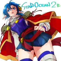 Rule 34 | 1girl, ahoge, blue eyes, blue hair, cape, crescent, crescent hair ornament, dated, hair ornament, highres, looking at viewer, mayashtale, open mouth, pointy ears, red cape, rena lanford, short hair, simple background, skirt, solo, star ocean, star ocean the second story, thighhighs, white background