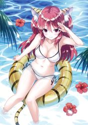 Rule 34 | 1girl, absurdres, animal ears, arm up, bare shoulders, bikini, blush, breasts, cat ears, cat tail, cropped, flipped hair, flower, gluteal fold, hibiscus, highres, innertube, large breasts, looking at viewer, mutsumi masato, navel, outdoors, partially submerged, red eyes, red hair, scan, side-tie bikini bottom, smile, solo, swim ring, swimsuit, tail, tiger ears, tiger tail, toranoana, two side up, white bikini
