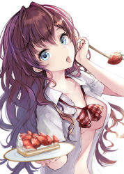Rule 34 | 10s, 1girl, blue eyes, bow, bowtie, breasts, brown hair, cake, cake slice, cleavage, collarbone, food, fork, fruit, highres, ichinose shiki, idolmaster, idolmaster cinderella girls, long hair, looking at viewer, medium breasts, minato (shouno), necktie, open clothes, open mouth, open shirt, plaid, plaid bow, plate, red necktie, shirt, short sleeves, simple background, sketch, solo, strawberry, tongue, upper body, white background, white shirt