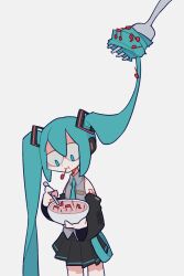 Rule 34 | 1girl, :t, aqua eyes, aqua hair, aqua necktie, bare shoulders, beamed eighth notes, black skirt, black sleeves, bmp-to-png conversion, bowl, chinese commentary, closed mouth, collared shirt, commentary request, detached sleeves, eating, expressionless, fork, grey shirt, hair as food, hatsune miku, highres, holding, holding bowl, long hair, miniskirt, musical note, necktie, oversized object, pleated skirt, quarter note, recursion, shirt, shoulder tattoo, skirt, sleeveless, sleeveless shirt, solo, tattoo, twintails, very long hair, vocaloid, white background, zhepsikn