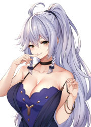 Rule 34 | 1girl, antenna hair, bare arms, bare shoulders, black bow, black choker, blue dress, blush, bow, bracelet, braid, breasts, brown eyes, choker, cleavage, collarbone, dress, finger to mouth, granblue fantasy, hair between eyes, hair bow, high ponytail, highres, jewelry, large breasts, long hair, naughty face, parted lips, pulling own clothes, silva (gentian blue) (granblue fantasy), silva (granblue fantasy), silver hair, simple background, sleeveless, sleeveless dress, smile, solo, strap pull, twin braids, undressing, upper body, white background, ym (distance819)