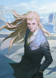 Rule 34 | 1boy, bird, blonde hair, buttoned cuffs, buttons, city, cityscape, formal, handkerchief, hands in pockets, highres, long hair, long sleeves, louis cypher, lucifer (megami tensei), male focus, necktie, o c x, pointy ears, red eyes, rooftop, shin megami tensei, shin megami tensei ii, solo, standing, suit