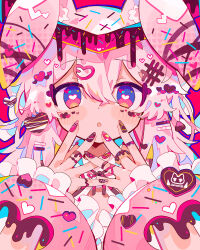 Rule 34 | 1girl, absurdres, animal ears, blush, bright pupils, brown nails, chocolate, commentary, crossed bangs, doughnut, fingernails, floppy ears, food, hair between eyes, hair ornament, hairclip, heart, heart-shaped pupils, heart hair ornament, highres, long hair, looking at viewer, multicolored nails, nail polish, open mouth, original, pink hair, pink nails, rabbit ears, red eyes, red nails, solo, sprinkles, straight-on, symbol-only commentary, symbol-shaped pupils, uenomigi, upper body, white pupils