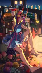 Rule 34 | 1girl, alternate costume, anklet, architecture, arm rest, arm up, armpits, autumn leaves, bad source, barefoot, blue dress, bottle, cup, dress, east asian architecture, fate/grand order, fate (series), feet, flower, food, fruit, full body, grapes, hair flower, hair ornament, holding, horns, jack-o&#039;-lantern, jewelry, knee up, lantern, legs, looking at viewer, melon, night, official art, on ground, paper lantern, parted bangs, peach, pink flower, purple eyes, purple hair, sakazuki, sake bottle, short dress, short hair, shuten douji (fate), sitting, skin-covered horns, sleeveless, sleeveless dress, solo, tassel, toes, tokkuri, vofan, water, wine bottle