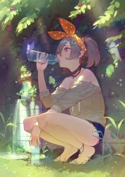 Rule 34 | 1girl, bare shoulders, barefoot, berry, blush, bottle, bug, butterfly, choker, day, drinking, feet, female focus, food, from side, fruit, grass, hair between eyes, hair ornament, hairclip, highres, holding, holding bottle, insect, jewelry, light rays, medium hair, micro shorts, necklace, outdoors, panties, plant, ponytail, purple eyes, red scrunchie, scrunchie, short shorts, shorts, sleeves rolled up, solo, squatting, thighs, timbougami, tiptoes, toes, underwear, water, water bottle