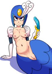 Rule 34 | 1girl, arm support, arttmadness, bad id, bad tumblr id, blue eyes, blue hat, breasts, collarbone, dildo, female focus, gloves, half-closed eyes, hand up, hat, helmet, highres, looking at viewer, lying, mega man (series), mermaid, monster girl, navel, nipples, nude, on side, puffy sleeves, pussy, sex toy, small breasts, smile, solo, splash woman, transparent background, uncensored, white gloves