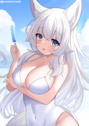 Rule 34 | 1girl, :3, absurdres, animal ear fluff, animal ears, blue eyes, blush, breasts, cleavage, closed mouth, covered navel, day, food, fox ears, hair between eyes, highres, indie virtual youtuber, kurashina yuzuki, large breasts, long hair, looking at viewer, lumi (merryweather), one-piece swimsuit, outdoors, popsicle, solo, standing, swimsuit, tongue, tongue out, virtual youtuber, white hair
