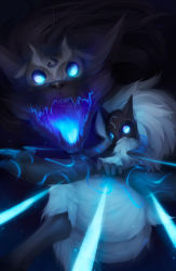 Rule 34 | 1girl, animal ears, ass, blue eyes, body fur, bow (weapon), furry, furry female, glowing, glowing eyes, highres, hooves, kindred (league of legends), lamb (league of legends), league of legends, long hair, mask, open mouth, ricegnat, smile, solo, spirit, tail, weapon, white hair, wolf, wolf (league of legends)