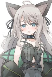 Rule 34 | 1girl, ahoge, animal ears, arknights, bare shoulders, black collar, black dress, black jacket, blue eyes, cat ears, collar, collarbone, commentary request, dress, grey hair, hair between eyes, highres, jacket, long hair, looking at viewer, mint (arknights), off shoulder, open clothes, open jacket, parted lips, simple background, sleeveless, sleeveless dress, solo, strap slip, tififox, upper body, very long hair, white background