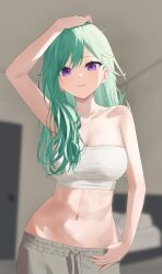 Rule 34 | 1girl, absurdres, arm up, bare shoulders, breasts, cleavage, crop top, drawstring, green hair, highres, large breasts, long hair, looking at viewer, midriff, mito (dncs8244), navel, pants, purple eyes, shirt, solo, strapless, sweatpants, swept bangs, tube top, virtual youtuber, vspo!, white shirt, yakumo beni