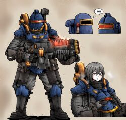 Rule 34 | 1girl, among us, armor, astra militarum, energy gun, grey eyes, grey hair, heavy breathing, helmet, highres, holding, holding helmet, looking at viewer, octosoup, over shoulder, plasma rifle, power armor, purity seal, solar auxillia, solo, sweat, warhammer 40k, weapon, weapon over shoulder