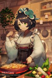 Rule 34 | 1girl, :t, antenna hair, apron, artist name, black bow, black hair, black skirt, bow, breasts, candle, carrot, closed mouth, commentary, cookie, daikon, dragalia lost, eating, english commentary, fire, food, frying pan, garlic, green eyes, grey kimono, hair ornament, hentaki, high-waist skirt, highres, holding, holding spoon, indoors, japanese clothes, kimono, kitchen, long sleeves, mitsuba (dragalia lost), pipple (dragalia lost), radish, short hair, skirt, small breasts, smile, solo, spoon, striped apron, striped clothes, striped skirt, vegetable, vertical-striped clothes, vertical-striped skirt, watermark, web address