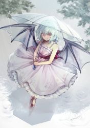Rule 34 | 1girl, bare arms, bat wings, blue hair, commentary request, dress, from above, full body, hair between eyes, holding, holding umbrella, light smile, looking at viewer, outdoors, rain, red eyes, red footwear, remilia scarlet, ripples, shoes, solo, touhou, transparent umbrella, twitter username, umbrella, white dress, wings, yuki (popopo)