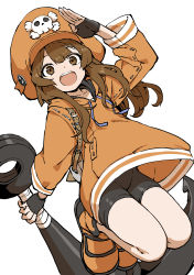 Rule 34 | anchor, arc system works, bike shorts, brown eyes, brown hair, guilty gear, guilty gear strive, hat, highres, holding, holding anchor, hood, hoodie, looking at viewer, may (guilty gear), open mouth, orange footwear, orange hat, orange hoodie, orange shirt, pirate, pirate hat, salute, shirt, simple background, skull and crossbones, solo, white background, yamamoto souichirou