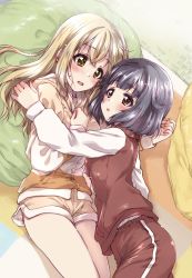 Rule 34 | 2girls, bang dream!, bean bag chair, black hair, blonde hair, blush, brown eyes, casual, commentary request, frown, highres, hood, hoodie, ichigaya arisa, indoors, jacket, kuroi mimei, long hair, long sleeves, looking at another, lying, multiple girls, on back, on person, on stomach, open mouth, orange jacket, pants, red eyes, red jacket, red pants, short hair, shorts, sweatdrop, track jacket, track pants, ushigome rimi, yellow shorts, yuri