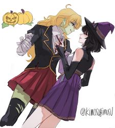 Rule 34 | 2girls, ahoge, amputee, animal ears, artist name, bandaged arm, bandages, black hair, blake belladonna, blonde hair, cat ears, collared shirt, colored skin, detached sleeves, from side, green skin, halloween, halloween costume, hat, highres, jack-o&#039;-lantern, looking at another, missing limb, multiple girls, naizo (kimosugimasu), parted lips, pumpkin, red skirt, rwby, shirt, skirt, smile, torn clothes, torn legwear, white background, white shirt, witch hat, yang xiao long, yuri