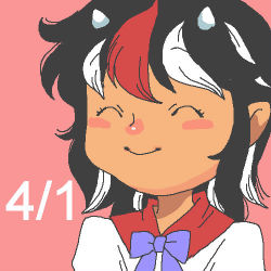 Rule 34 | 1girl, ^ ^, blush stickers, bow, closed eyes, cone horns, horns, kijin seija, lowres, multicolored hair, onikobe rin, smile, solo, touhou, upper body