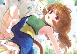 Rule 34 | 1girl, biyon, blue dress, brown hair, circlet, detached sleeves, dress, green dress, long hair, monkey tail, multicolored clothes, multicolored dress, open mouth, red eyes, short twintails, single detached sleeve, smile, solo, son biten, tail, touhou, twintails, twitter username, white sleeves, yellow dress