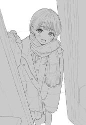 1girl :d akipeko blush down_jacket greyscale highres jacket looking_at_viewer monochrome open_clothes open_jacket open_mouth original scarf sketch sleeves_past_wrists smile solo teeth upper_teeth_only winter_clothes