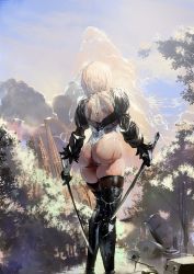 Rule 34 | 1girl, absurdres, ass, backless leotard, backless outfit, black footwear, black gloves, black thighhighs, boots, chain, cloud, cloudy sky, commentary request, dual wielding, feather trim, forest, from behind, gloves, highleg, highleg leotard, highres, holding, holding sword, holding weapon, katana, leotard, long sleeves, masaki (ekakiningen), nature, nier (series), nier:automata, nier reincarnation, outdoors, puffy sleeves, reverse grip, shiny clothes, short hair, sky, solo, standing, sword, thigh boots, thighhighs, thighs, tree, water, weapon, 2b (nier:automata)