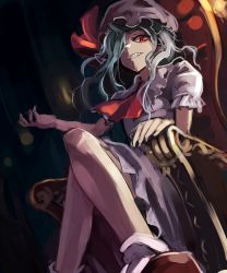Rule 34 | 1girl, alternate hairstyle, ascot, azuki (azuki-taste), blue hair, bow, crossed legs, fangs, frilled skirt, frills, hat, hat bow, highres, long hair, looking at viewer, looking down, mob cap, pointy ears, puffy sleeves, red eyes, remilia scarlet, shirt, short sleeves, sitting, skirt, skirt set, slit pupils, smile, socks, solo, throne, touhou, vampire, vest, white socks