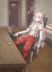 Rule 34 | 1girl, absurdres, backpack, bag, bed, boots, bow, breasts, brown footwear, cigarette, door, fujiwara no mokou, hair bow, highres, looking up, medium breasts, overalls, pants, parted lips, red eyes, red overalls, red pants, sitting, smoke, smoking, solo, table, talisman, touhou, white hair, yoojilao