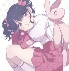 Rule 34 | 1girl, absurdres, animal bag, artist request, backpack, bag, black hair, commentary request, facial mark, fang, fukumaru koito, hair ribbon, highres, idolmaster, idolmaster shiny colors, kneehighs, long sleeves, looking at viewer, miniskirt, pink skirt, plaid, plaid skirt, pleated skirt, purple eyes, rabbit bag, ribbon, short twintails, skin fang, skirt, socks, solo, stuffed animal, stuffed rabbit, stuffed toy, twintails, white background, white socks