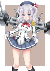 Rule 34 | 10s, 1girl, anchor, bad id, bad pixiv id, beret, blush, breasts, cannon, clothes lift, epaulettes, female focus, gloves, grey eyes, grey hair, hat, highres, jacket, kantai collection, kashima (kancolle), kerchief, large breasts, machinery, military jacket, miniskirt, pleated skirt, searchlight, sheepd, skirt, skirt lift, smile, solo, twintails, wavy hair, white gloves