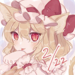Rule 34 | 1girl, animal ears, blonde hair, cat ears, cat girl, dated, flandre scarlet, hat, hat ribbon, mob cap, red ribbon, ribbon, simple background, solo, sorani (kaeru0768), tongue, tongue out, touhou, upper body, white background, wrist cuffs