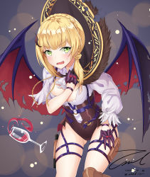 Rule 34 | 1girl, artist name, blonde hair, blouse, blunt bangs, blush, bolt action, braid, breasts, cleavage, cowboy shot, crown braid, cup, demon wings, drinking glass, fangs, girls&#039; frontline, gloves, gold trim, hair over shoulder, half gloves, halloween, halloween costume, handgun, holster, integral suppressor, integrally-suppressed firearm, long hair, looking at viewer, medium breasts, open mouth, purple gloves, shirt, shorts, sidelocks, signature, solo, spill, spilling, suppressor, thigh holster, thigh strap, thighs, twitter username, unel1211, v-shaped eyebrows, wavy mouth, welrod, welrod mk ii, welrod mkii (girls&#039; frontline), white shirt, wine glass, wings