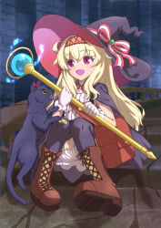 Rule 34 | 1girl, :d, bag, bandaid, bandaid on knee, bandaid on leg, black cape, black cat, black dress, black thighhighs, blonde hair, bloomers, boots, brown footwear, cape, carrying, cat, cross-laced footwear, dress, hat, hat ribbon, highres, holding, holding staff, indoors, lace-up boots, little witch nobeta, looking to the side, nobeta, open mouth, phyllis (cat) (little witch nobeta), phyllis (little witch nobeta), purple eyes, red ribbon, ribbon, satchel, sitting, sleeveless, sleeveless dress, smile, solo, somasoutaro, staff, stairs, thighhighs, underwear, white bloomers, witch hat
