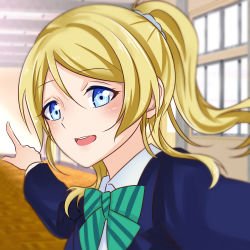 Rule 34 | 1girl, artist request, ayase eli, blonde hair, blue cardigan, blue eyes, blue jacket, blush, bow, bowtie, breasts, cardigan, collared shirt, female focus, green bow, hair between eyes, hair ornament, hair scrunchie, indoors, jacket, long hair, long sleeves, looking at viewer, love live!, love live! school idol project, maoyuue, otonokizaka school uniform, parted lips, pleated skirt, pointing, ponytail, school uniform, scrunchie, shirt, short sleeves, skirt, smile, solo, ssvs73608, striped, striped bow, white scrunchie, white shirt