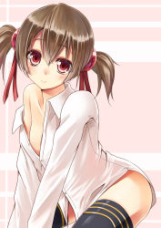 Rule 34 | 10s, 1girl, bad id, bad pixiv id, black thighhighs, blush, bottomless, brown hair, dress shirt, highres, looking at viewer, naked shirt, nearly naked shirt, no bra, off shoulder, red eyes, shirt, short twintails, silica, simple background, smile, solo, sword art online, taletale, thighhighs, twintails, white background, white shirt